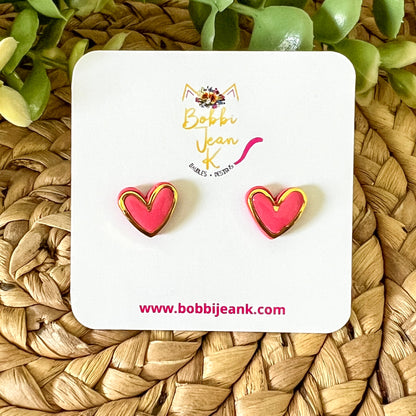 Pink Rimmed Clay Heart Studs: Choose Silver or Gold Rim - LAST CHANCE