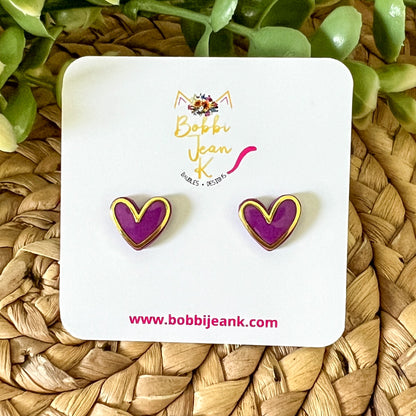 Purple Rimmed Clay Heart Studs: Choose Silver or Gold Rim - LAST CHANCE