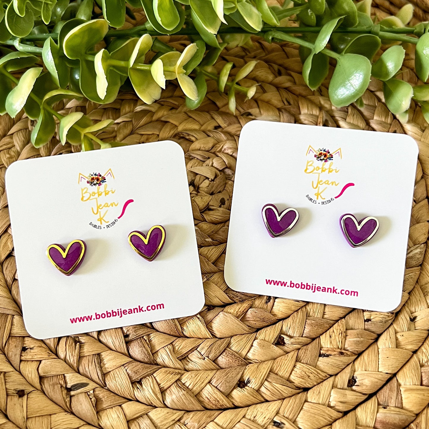 Purple Rimmed Clay Heart Studs: Choose Silver or Gold Rim - LAST CHANCE