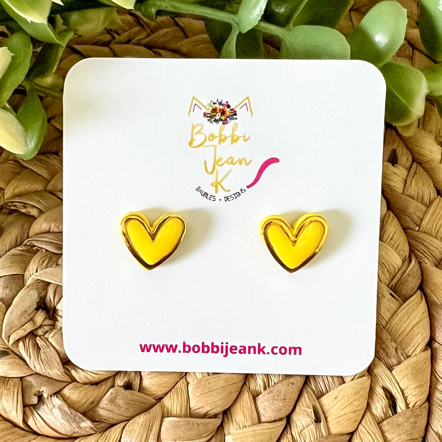 Yellow Rimmed Clay Heart Studs: Choose Silver or Gold Rim - LAST CHANCE