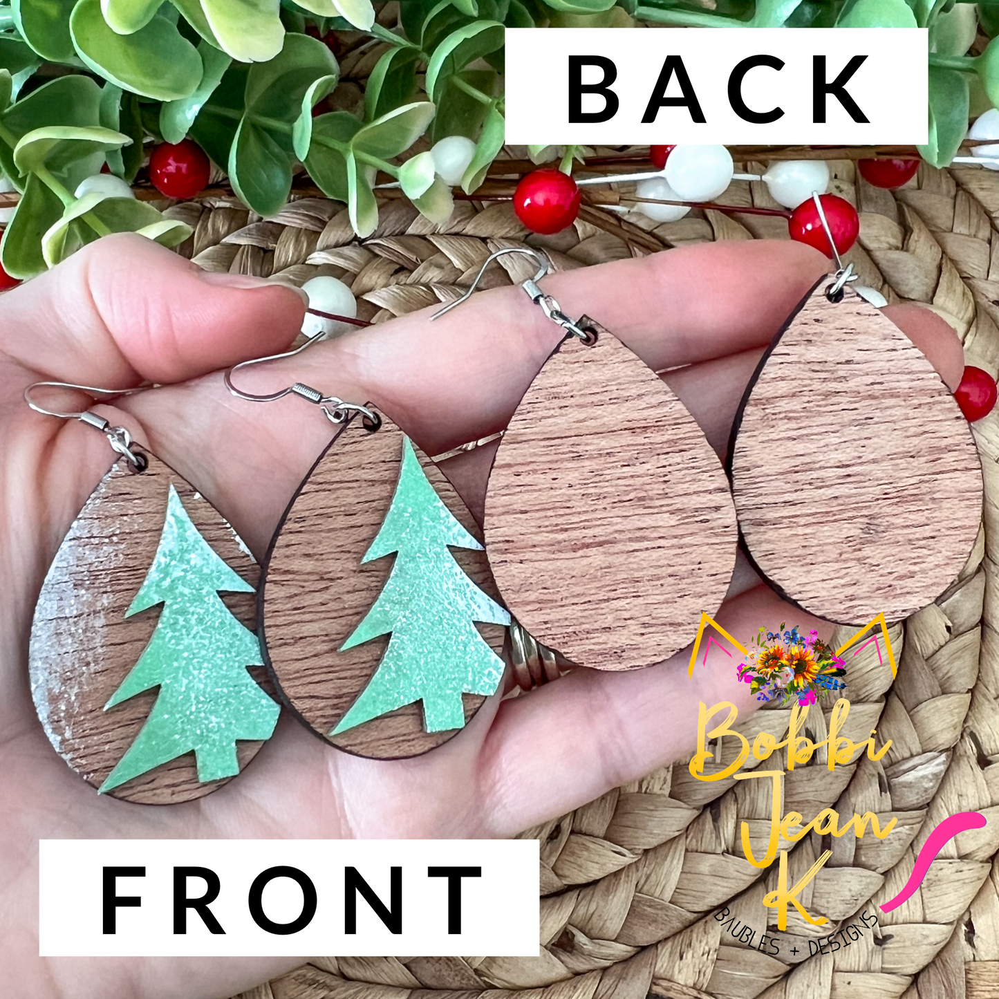 Winter Tree Mahogany Wood Earrings: Choose Faux Snow Type