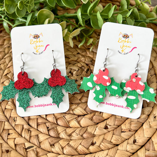 Holly Berry Leather Earrings: Choose From 2 Print Options - LAST CHANCE