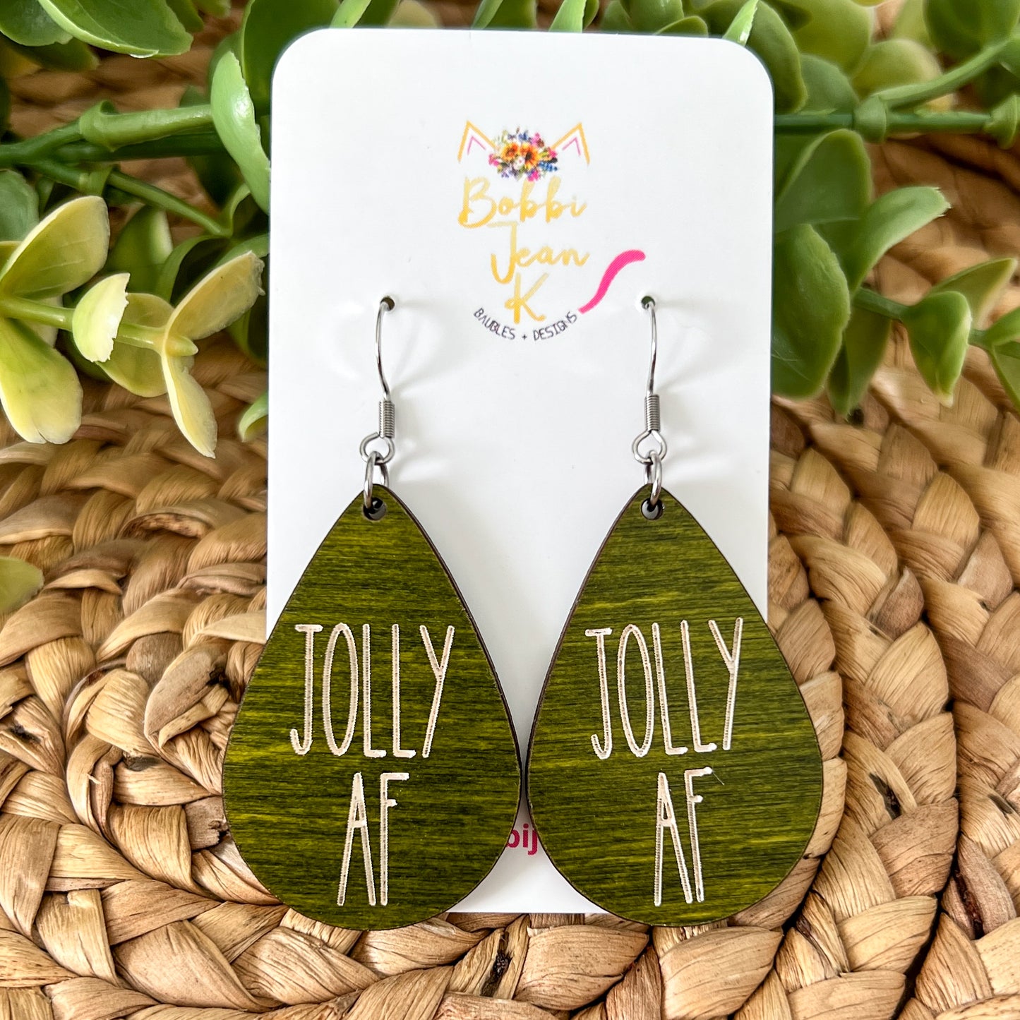 Jolly AF Green Dyed Wood Teardrop & Stud Earrings
