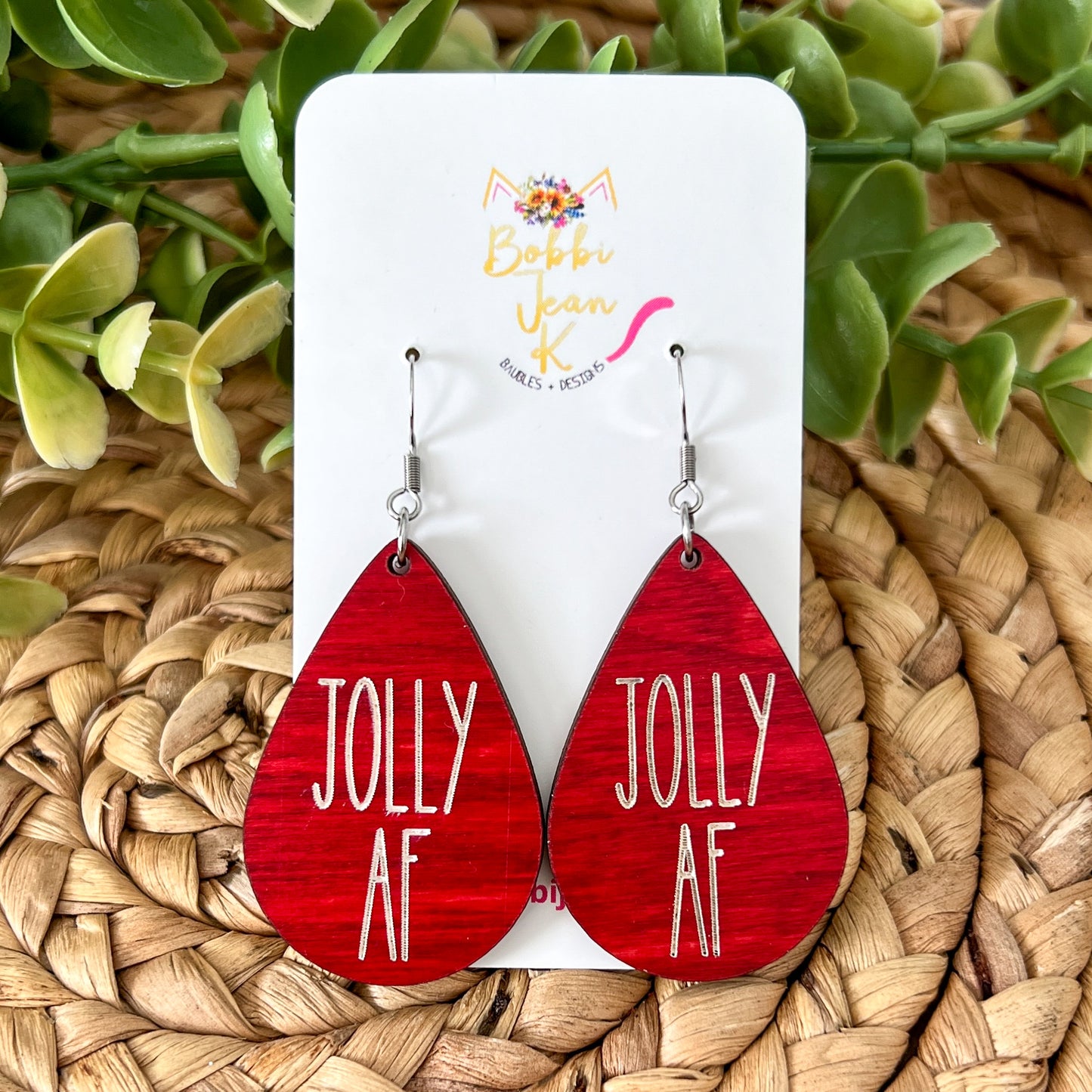 Jolly AF Red Dyed Wood Teardrop & Stud Earrings