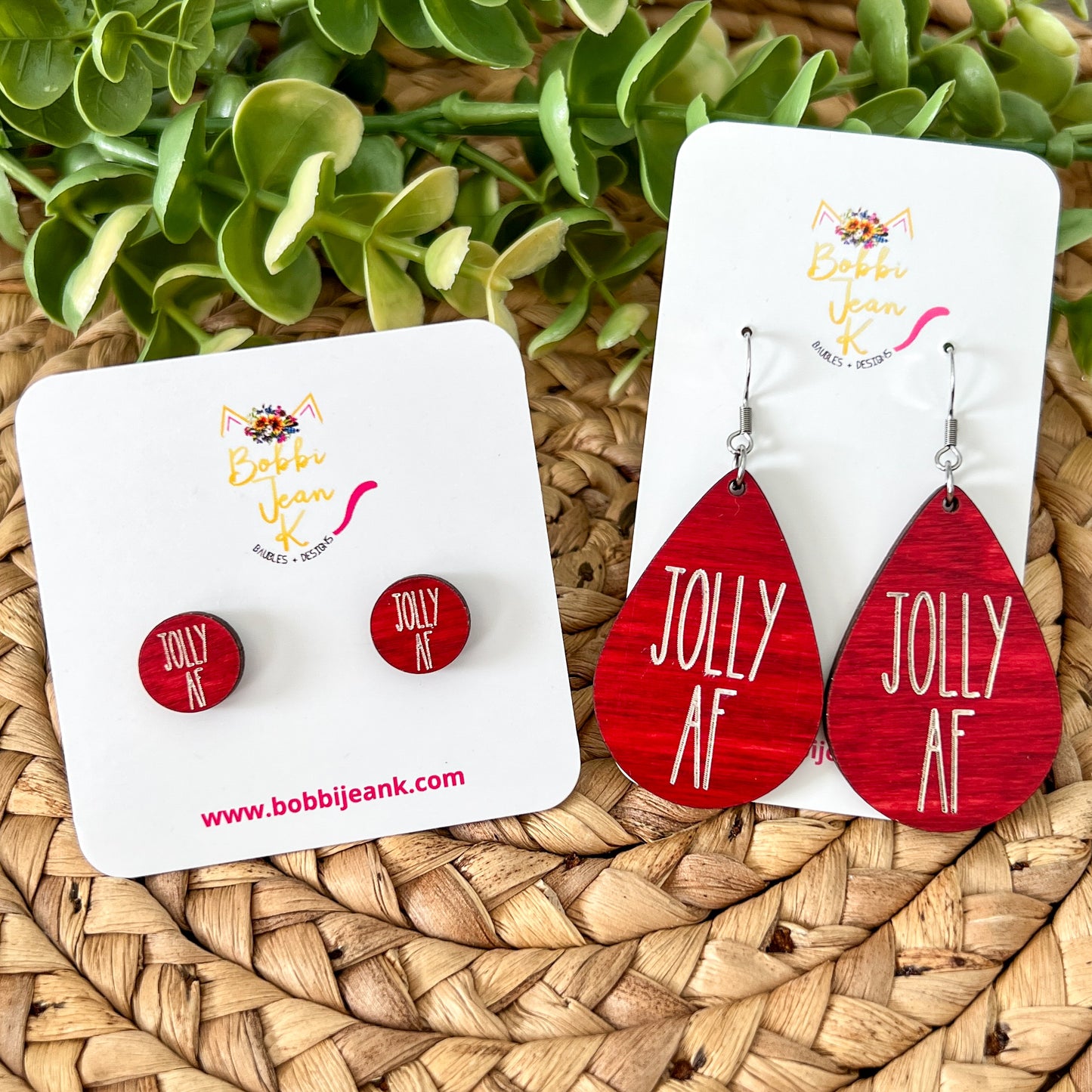 Jolly AF Red Dyed Wood Teardrop & Stud Earrings