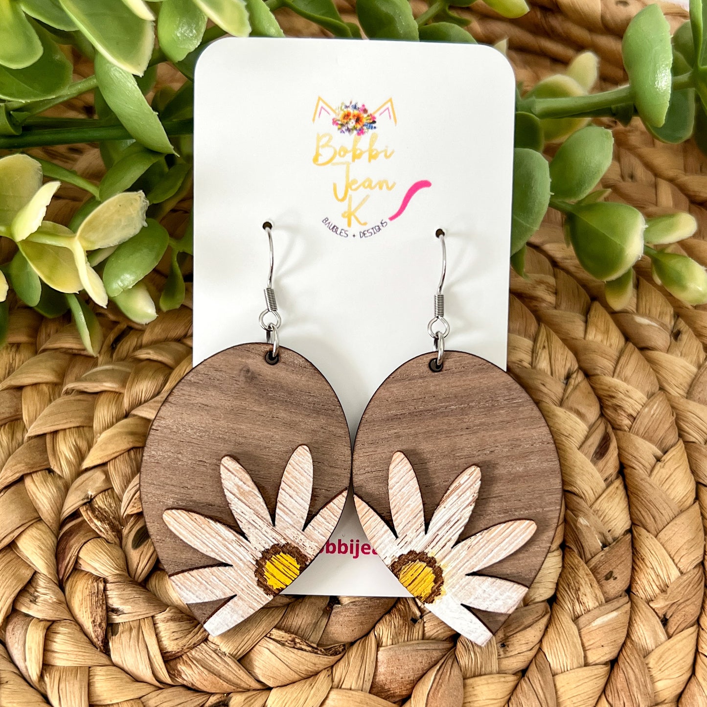 Distressed Daisy Hand Painted 3D Walnut Wood Inverted Teardrop Earrings:  Choose From 2 Size Options