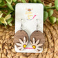 Distressed Daisy Hand Painted 3D Walnut Wood Inverted Teardrop Earrings:  Choose From 2 Size Options
