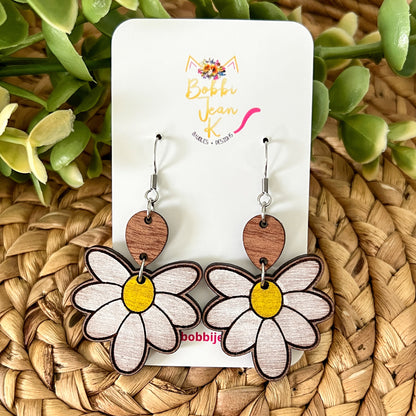 Hand Painted Distressed Daisy Drop Sapele Wood Earrings: Choose From 2 Styles