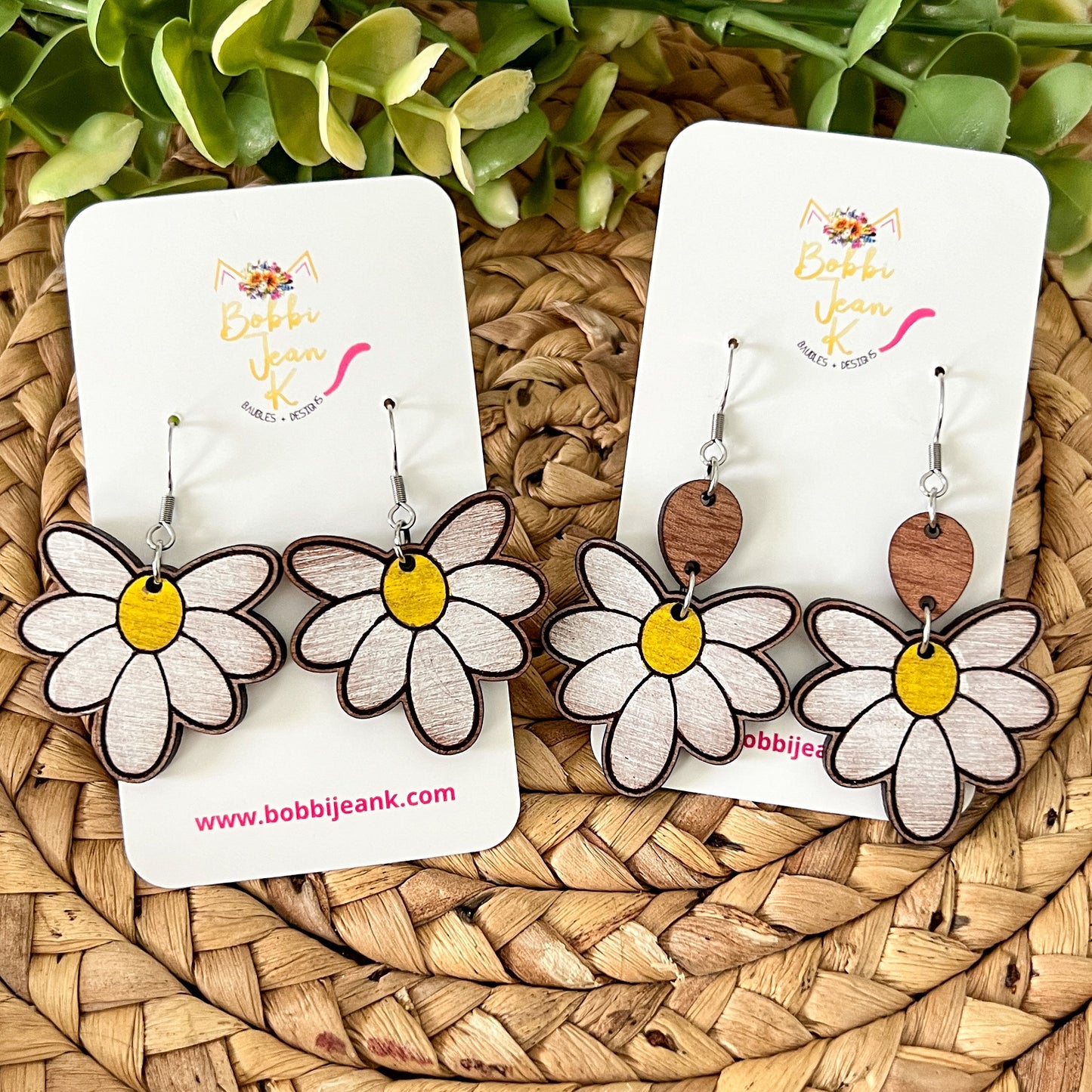 Hand Painted Distressed Daisy Drop Sapele Wood Earrings: Choose From 2 Styles