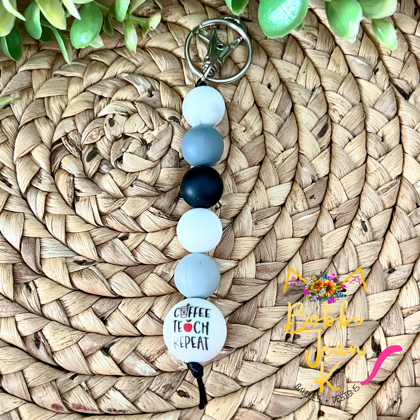 Black/White/Gray Coffee Teach Repeat Silicone Beaded Keychain/Bag Charm - ONLY ONE LEFT