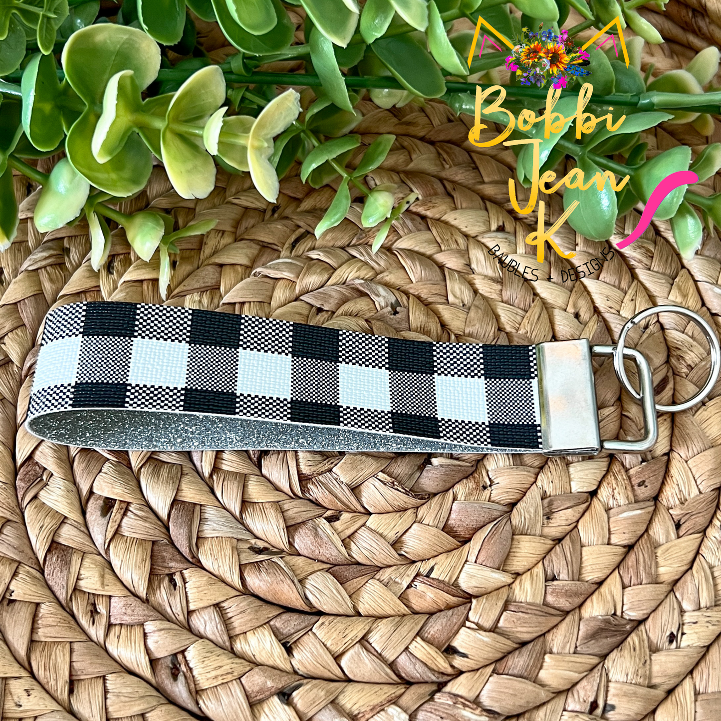 Black & White Plaid Key Fob with Silver Glittered Inside: Choose Silver or Black Clasp