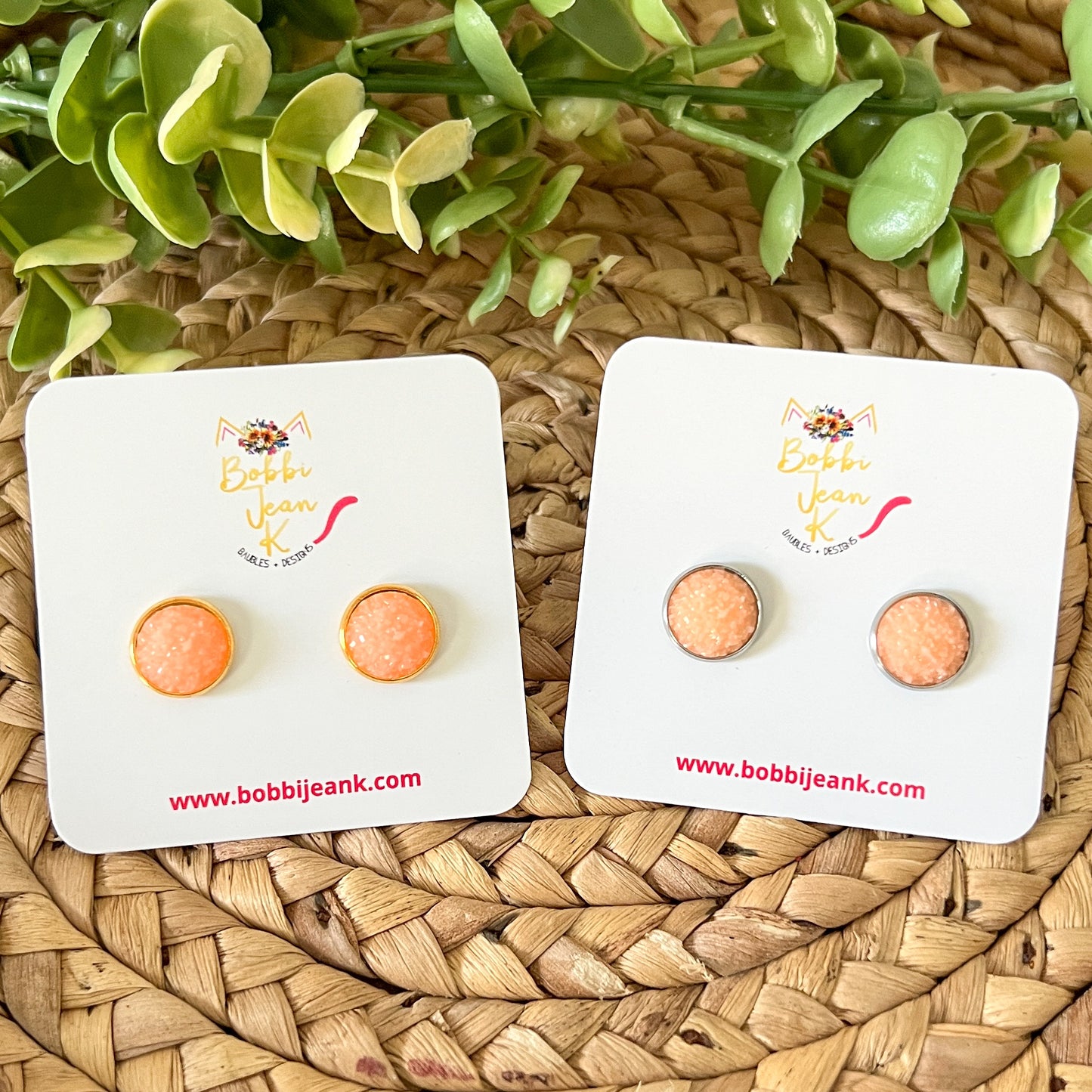 Peach Frosted Faux Druzy Studs 12mm: Choose Silver or Gold Settings