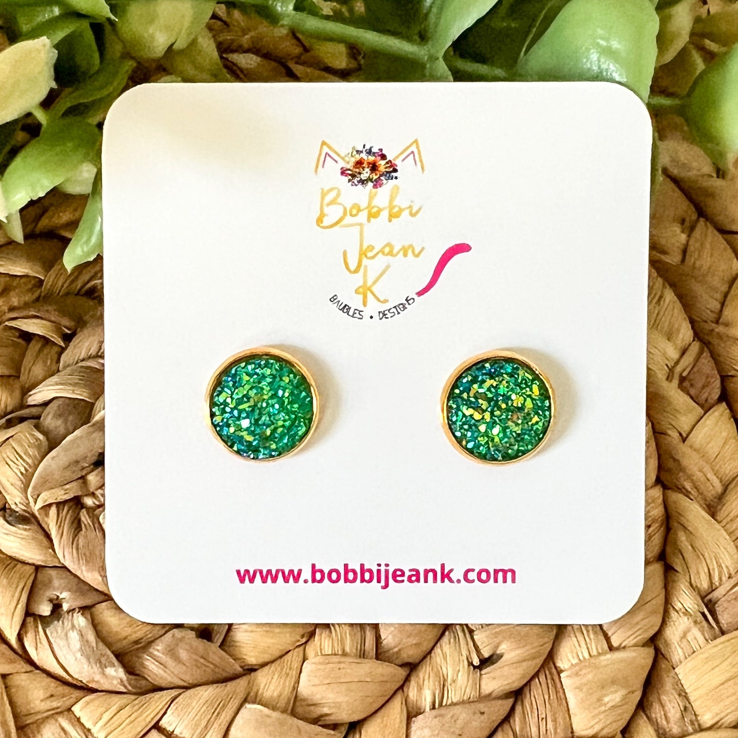 Green Faux Druzy Studs 12mm: Choose Silver or Gold Settings