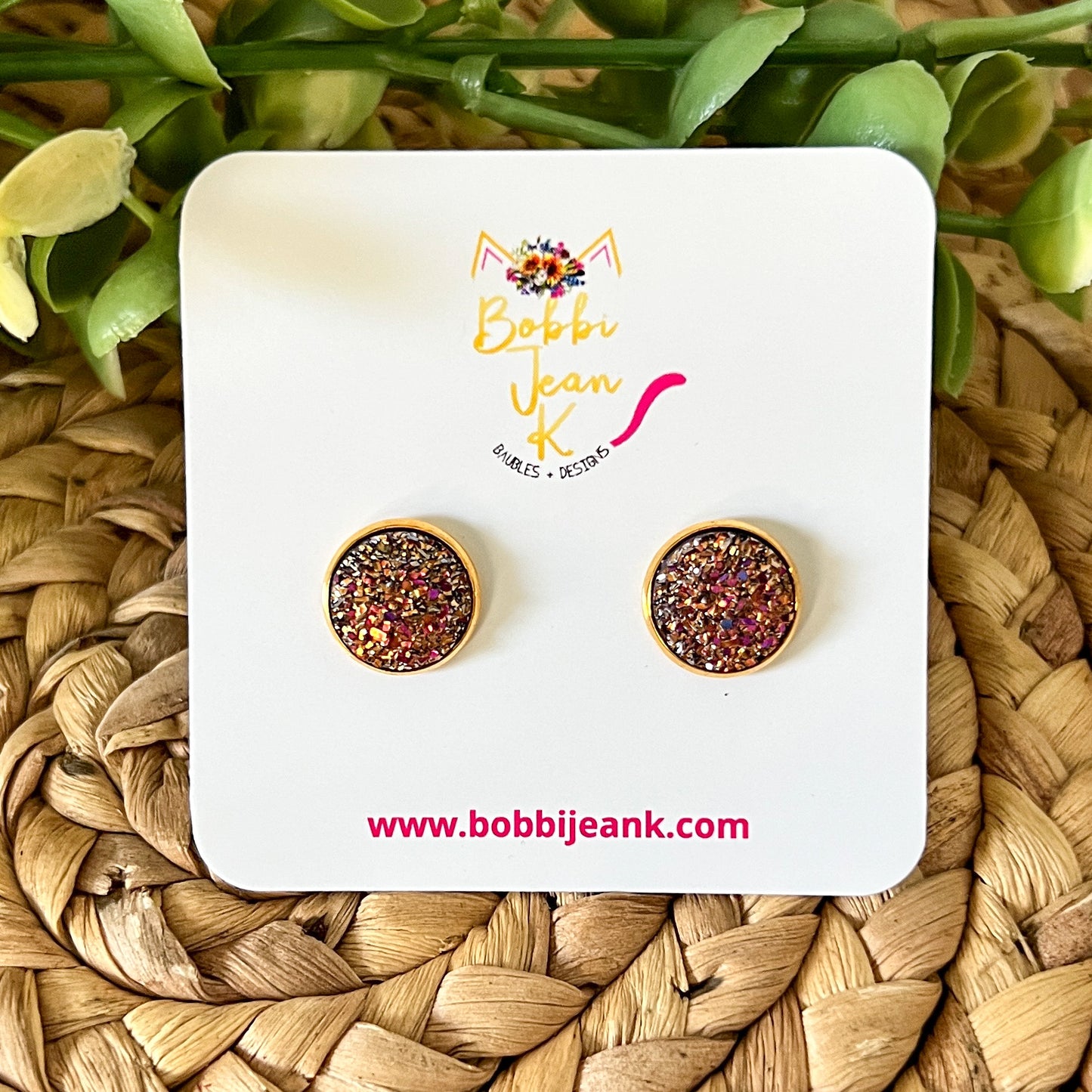 Chocolate Multi Faux Druzy Studs 12mm: Choose Silver or Gold Settings