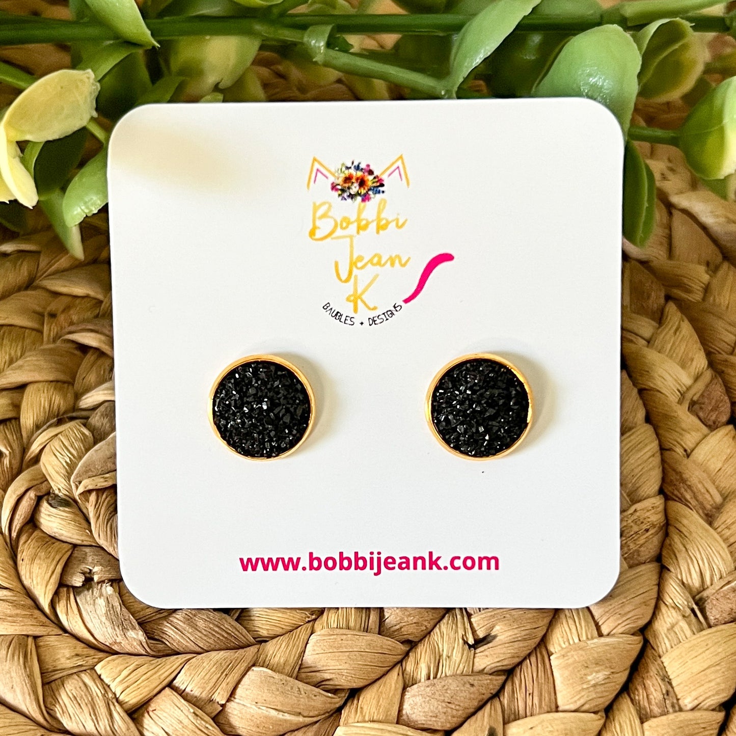 Black Faux Druzy Studs 12mm: Choose Silver or Gold Settings
