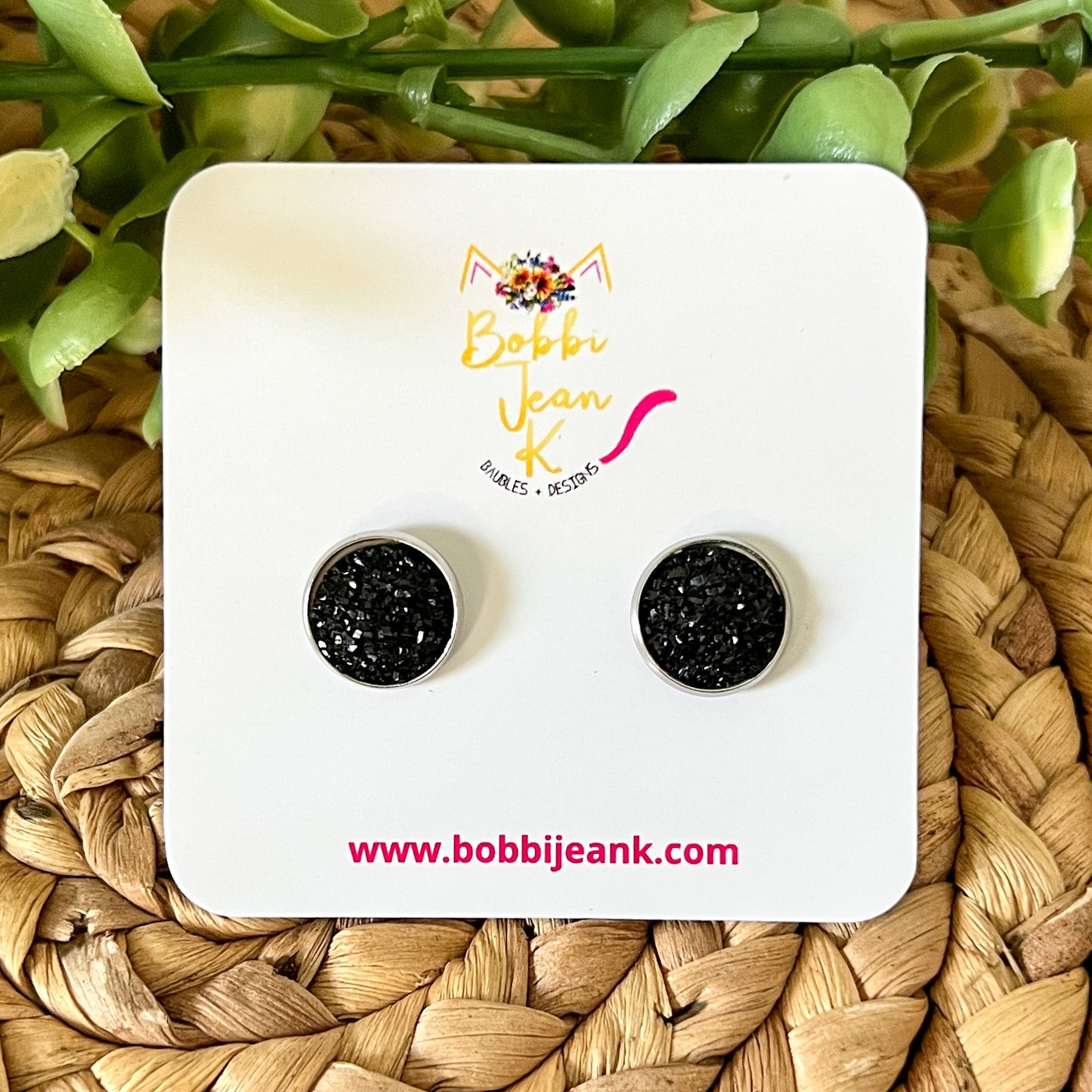 Black Faux Druzy Studs 12mm: Choose Silver or Gold Settings