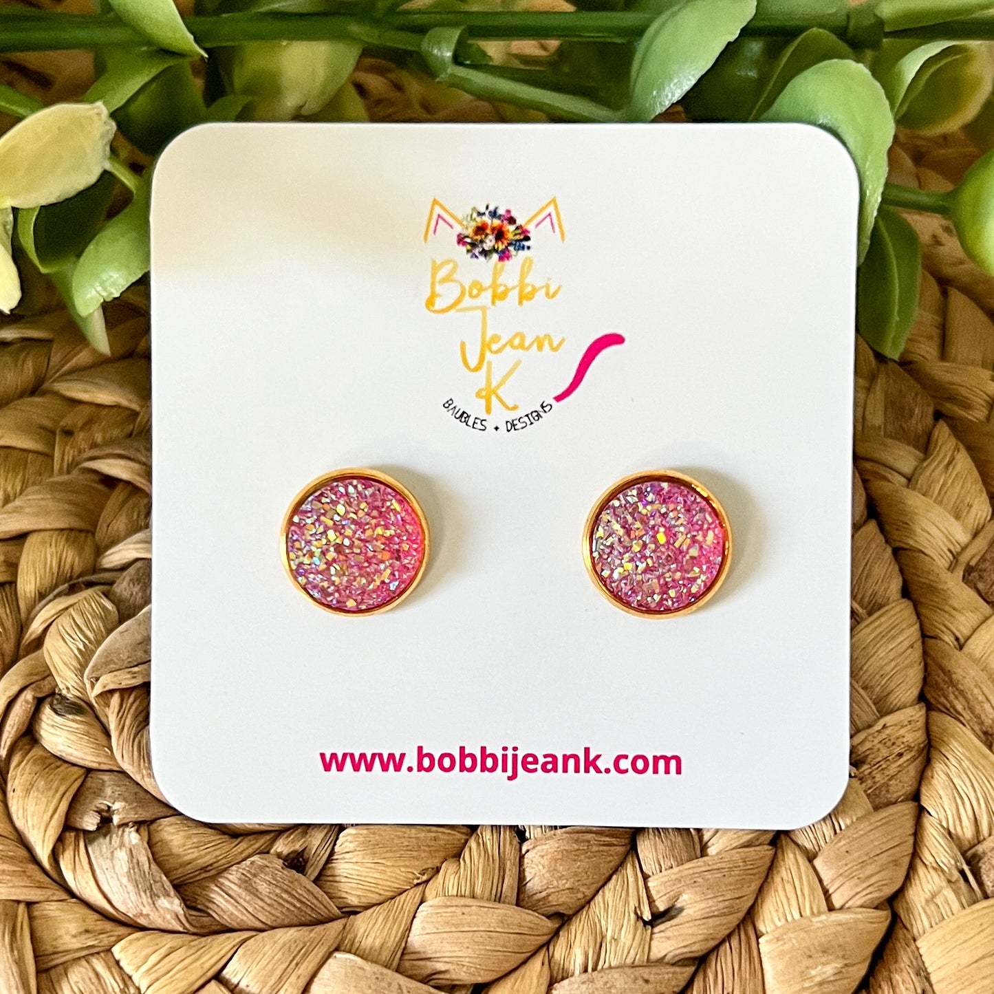 Pink Faux Druzy Studs 12mm: Choose Silver or Gold Settings
