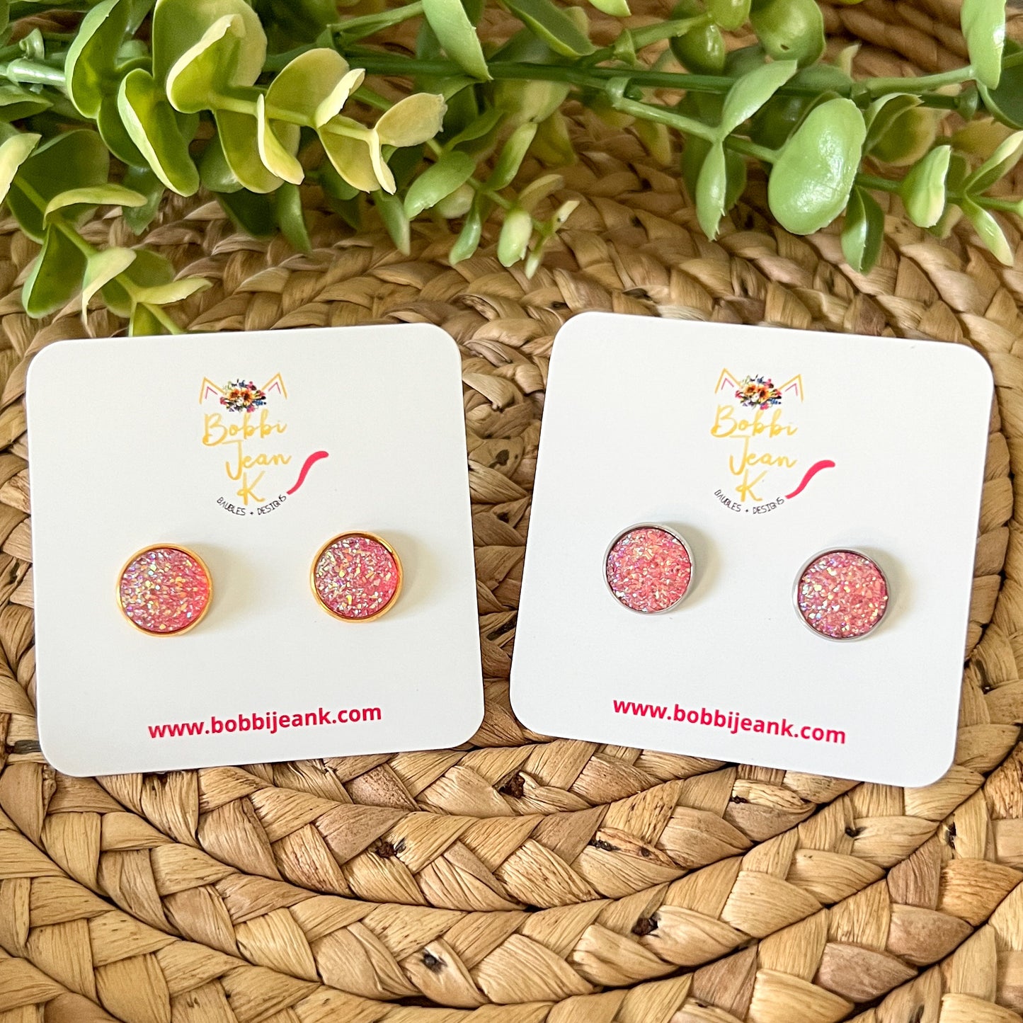 Pink Faux Druzy Studs 12mm: Choose Silver or Gold Settings