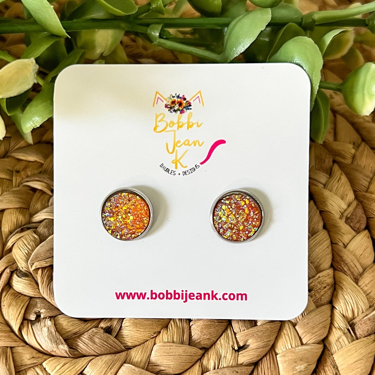 Tangerine Faux Druzy Studs 12mm: Choose Silver or Gold Settings