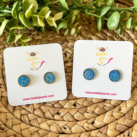 Blue Faux Druzy Studs 12mm: Choose Silver or Gold Settings