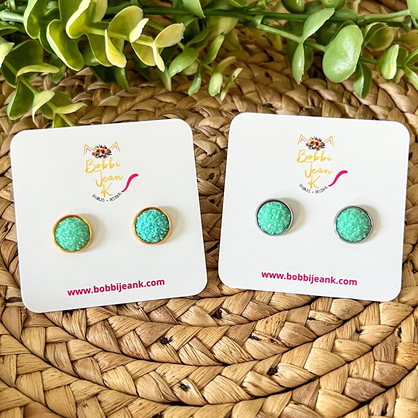 Sea Foam Frosted Faux Druzy Studs 12mm: Choose Silver or Gold Settings