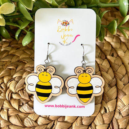 Hand Painted Bumblebee Wood Earrings: Choose Dangles or Studs