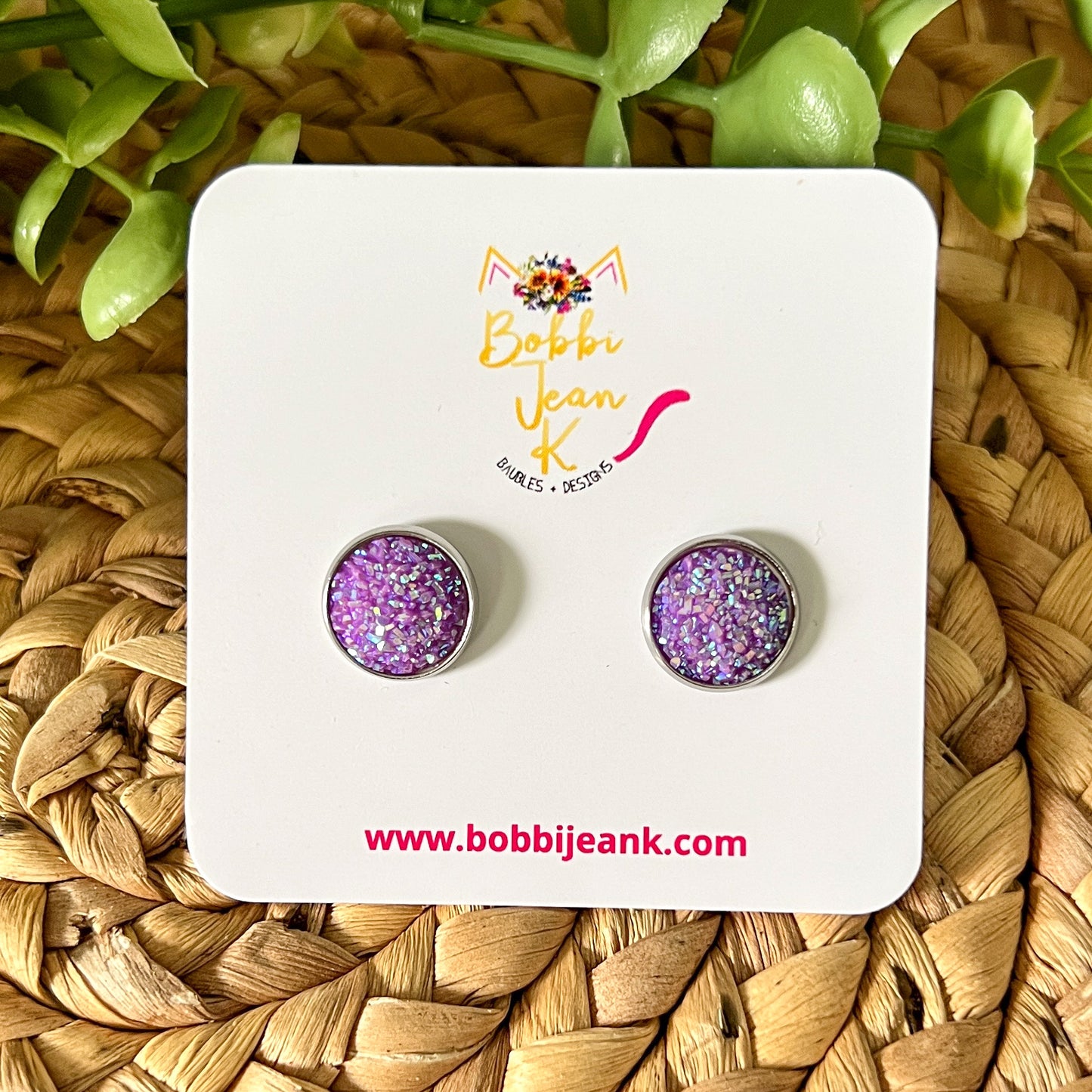 Purple Sparkle Frosted Druzy Studs 12mm: Choose Silver or Gold Settings