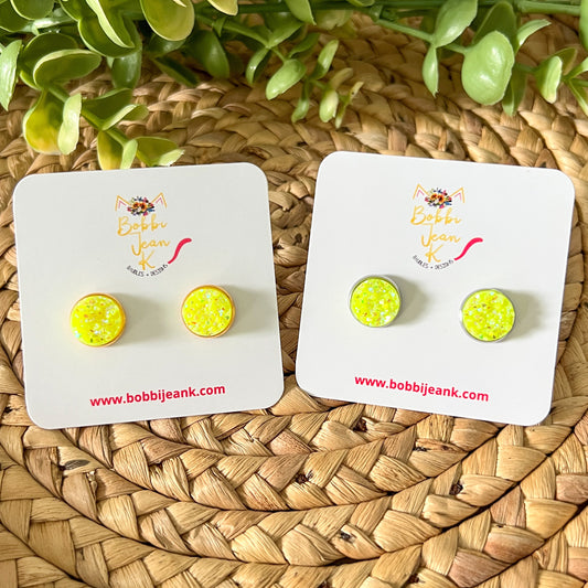 SALE: Neon Yellow Sparkle Faux Druzy Studs 12mm: Choose Silver or Gold Settings - ONLY ONE LEFT