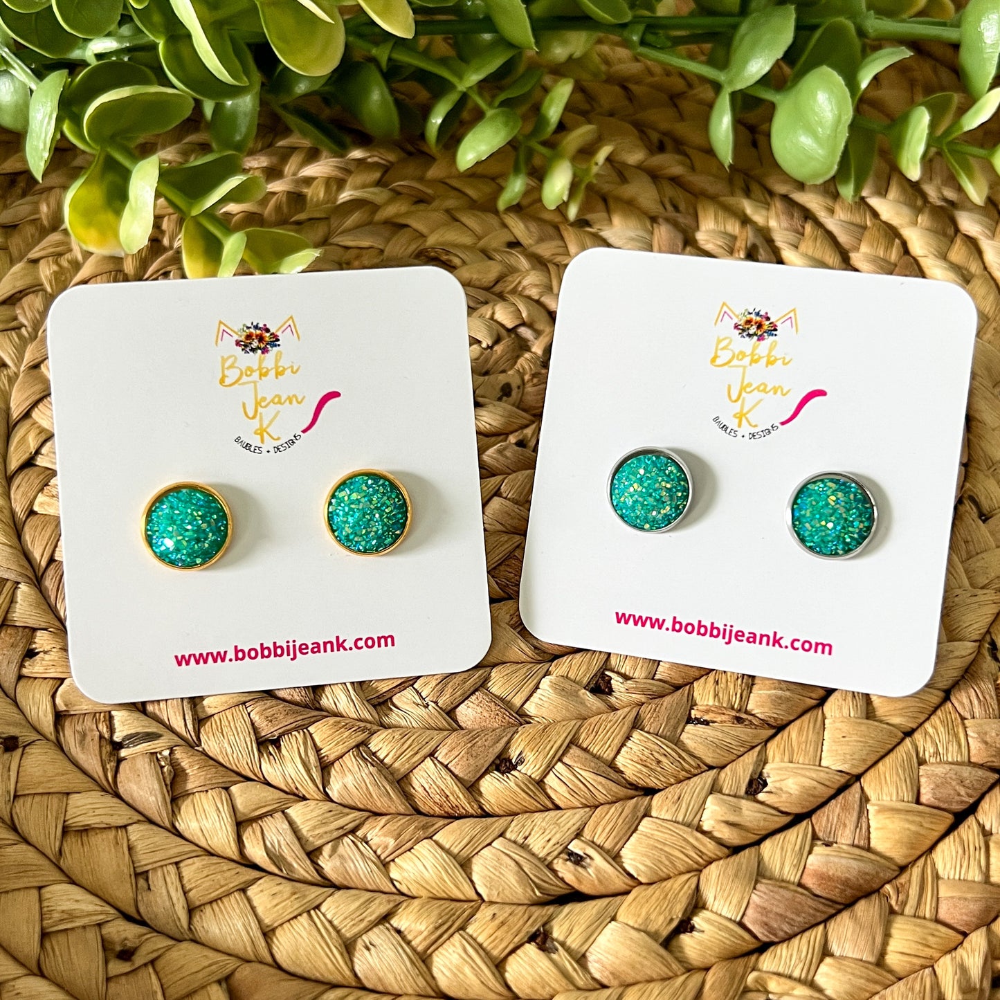 Aqua Sparkle Frosted Faux Druzy Studs 12mm: Choose Silver or Gold Settings