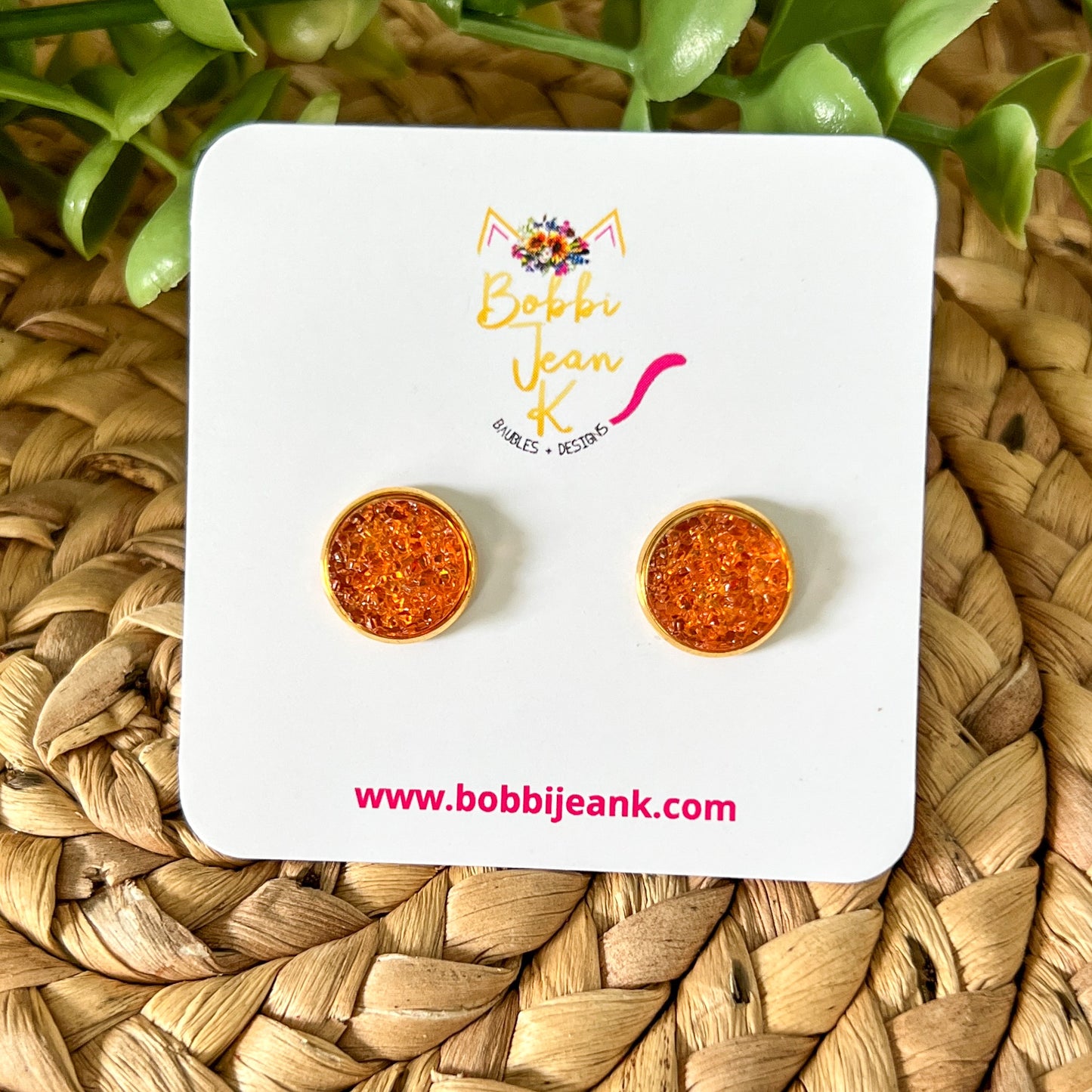 Orange "Ice" Faux Druzy Studs 12mm: Choose Silver or Gold Settings