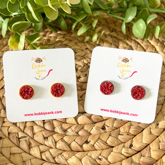 Garnet Frosted Faux Druzy Studs 12mm: Choose Silver or Gold Settings