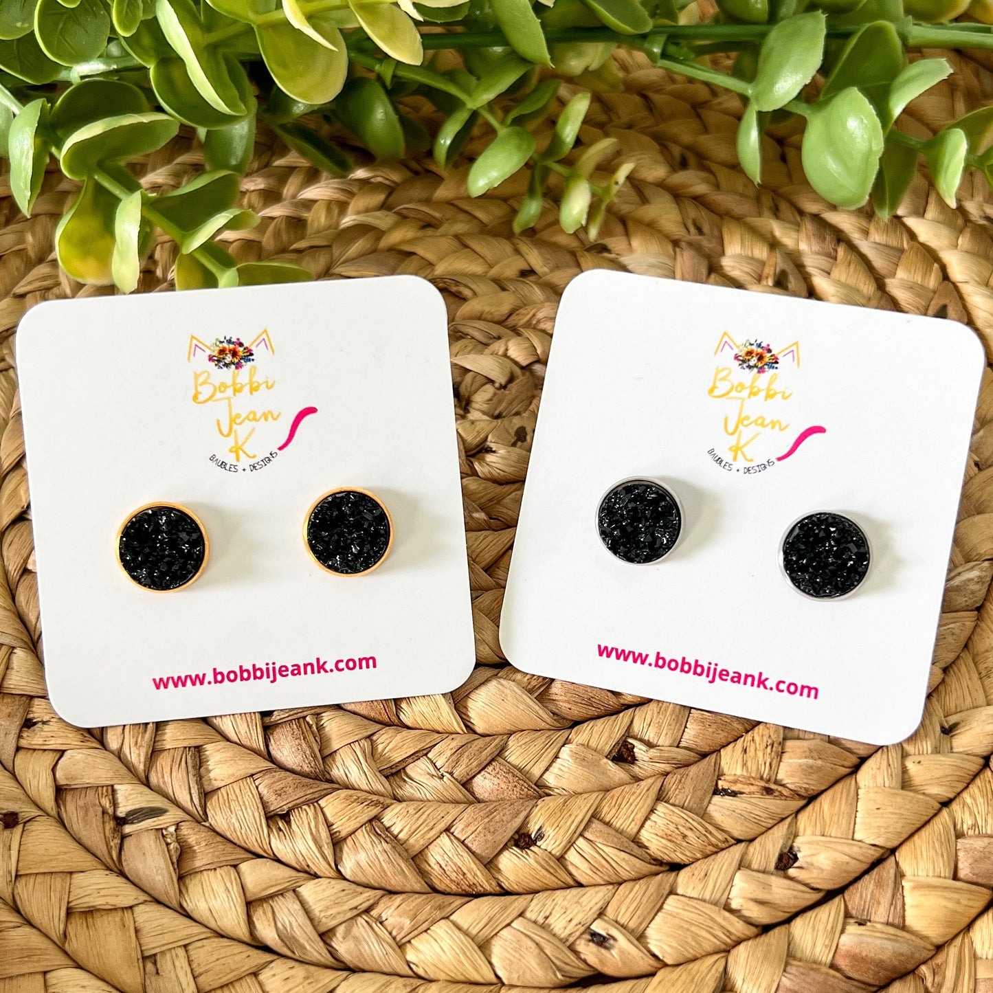 Black Frosted Faux Druzy Studs 12mm: Choose Silver or Gold Settings