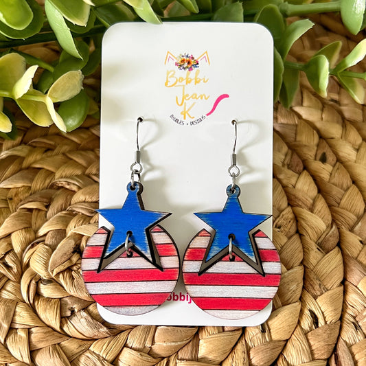 Hand Painted Rustic Star & Stripes Connected Wood Earrings