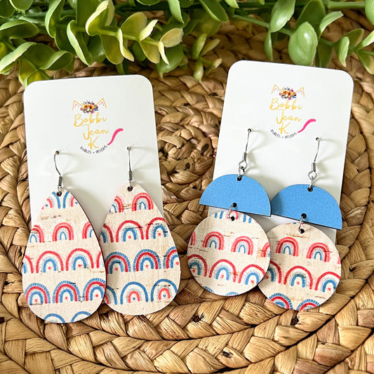 Patriotic Retro Rainbow Cork on Leather Earrings: Choose From 2 Shape Options - LAST CHANCE