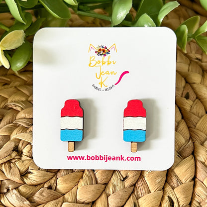 Hand Painted Patriotic Wood Popsicle Earrings: Choose From Dangle or Stud