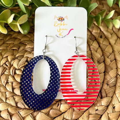 Stars & Stripes Duo Oval Acrylic Earrings: Choose From 2 Sizes