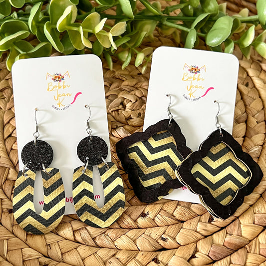 Black & Gold Chevron Leather Earrings: Choose From 2 Styles - LAST CHANCE
