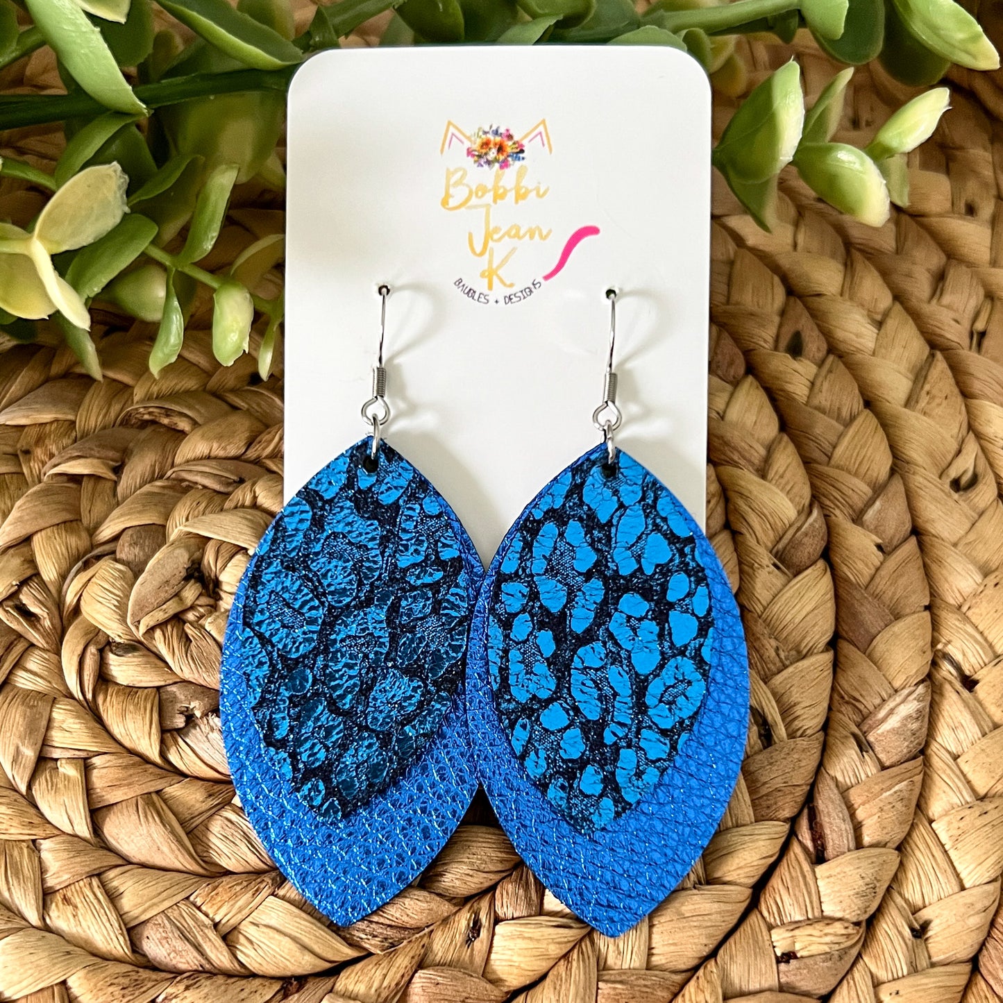 Blue Metallic Leopard Layered Leaf Leather Earrings - ONLY ONE LEFT