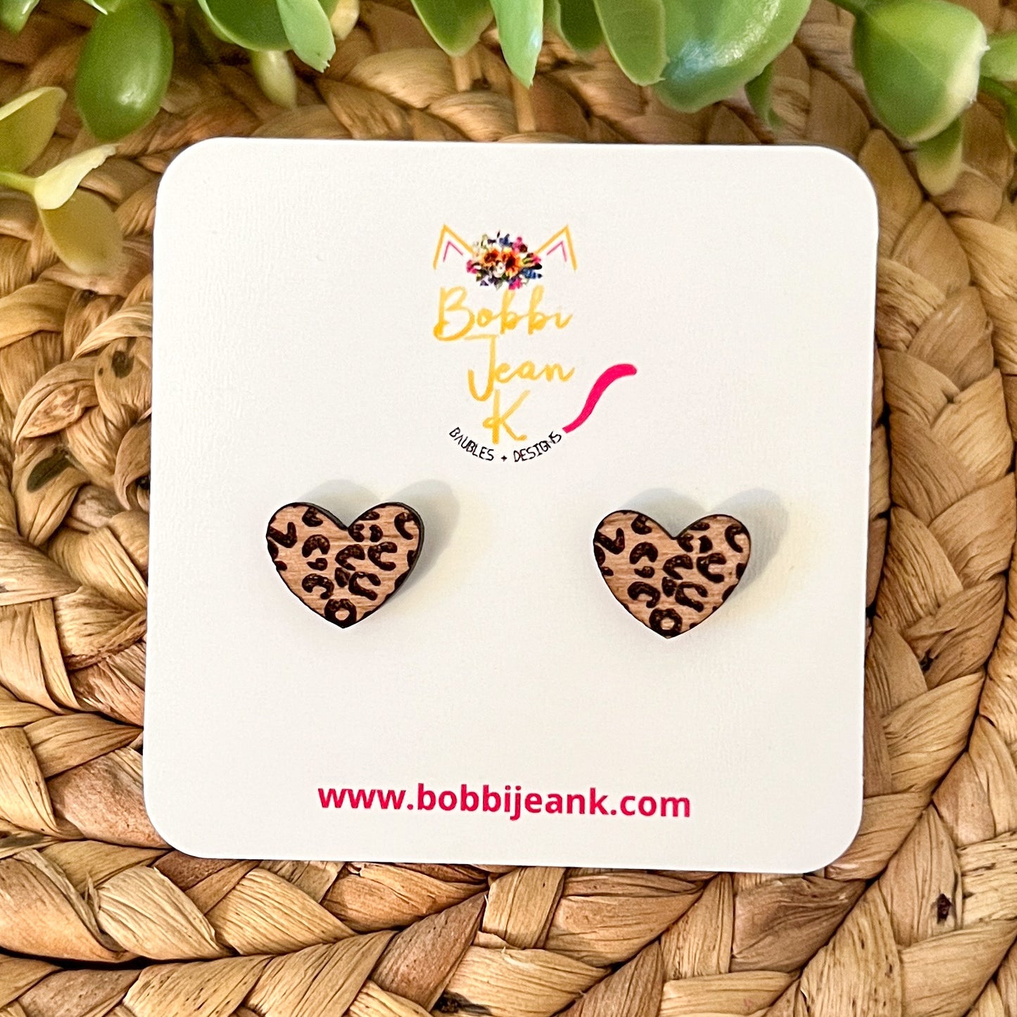 Leopard Engraved Wood Heart Stud Earrings: Choose From 2 Wood Types