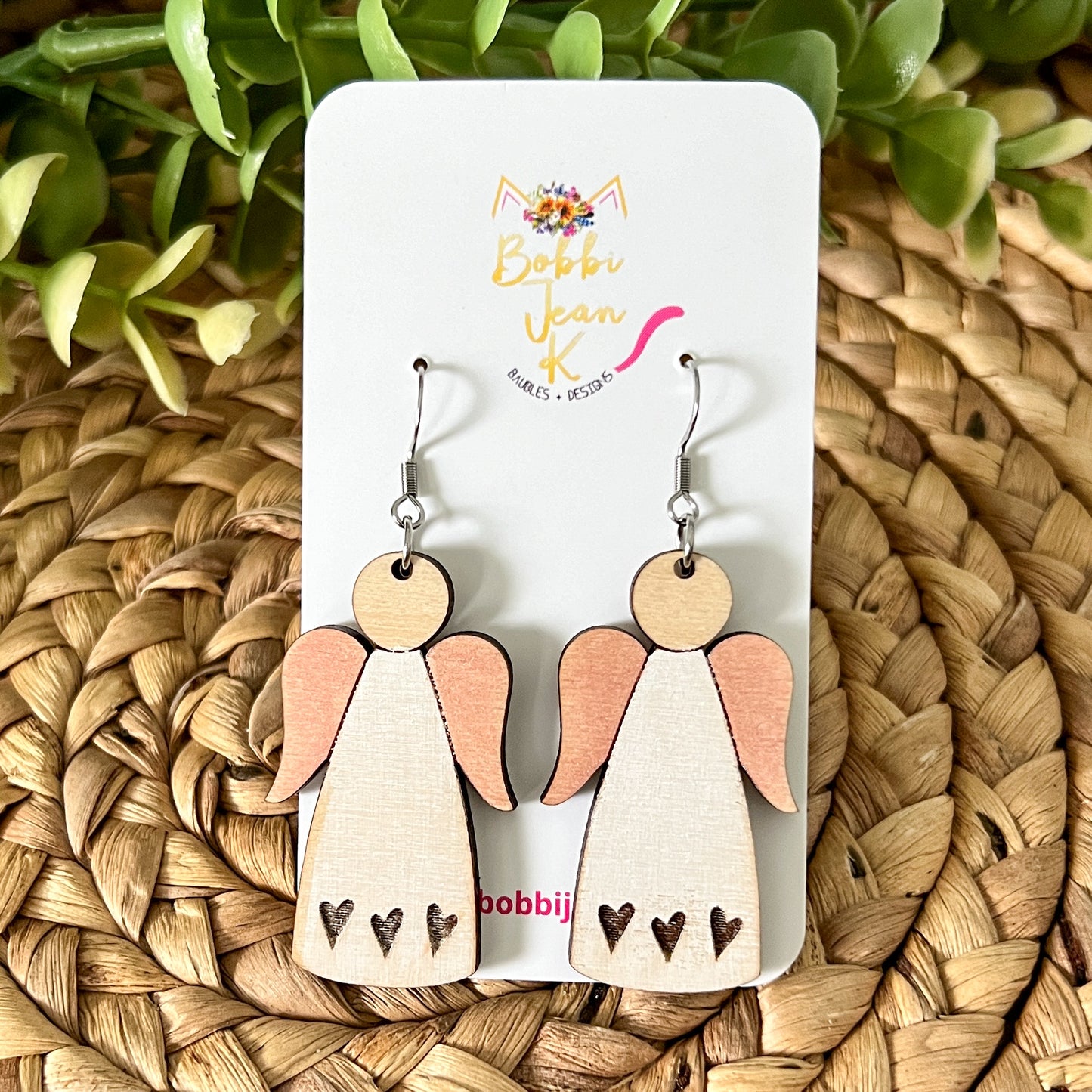 Hand Stained Angel Wood Earrings: Choose from 1 or 3 Engraved Hearts