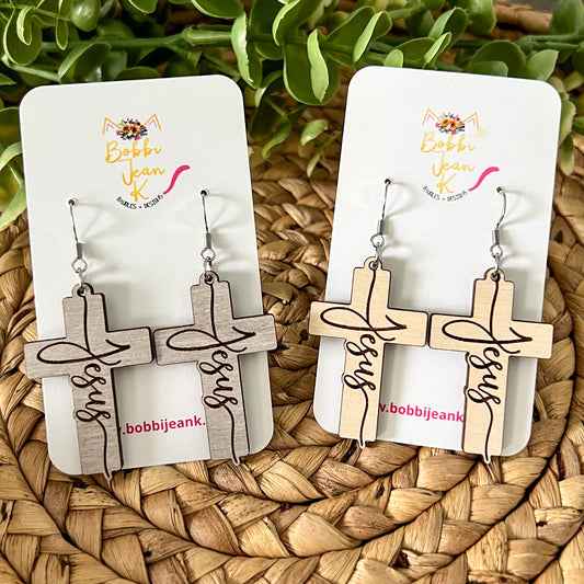 Jesus Engraved Dyed Wood Cross Earrings: Choose From Gray or Whitewashed