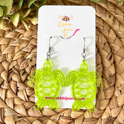 Neon Green Sparkle Sea Turtle Acrylic Earrings: Choose From 2 Styles