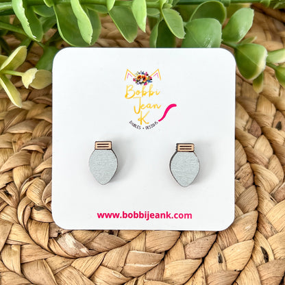 Hand Painted Light Bulb STUD Wood Earrings - ONLY 2 SILVER & 1 TURQUOISE LEFT