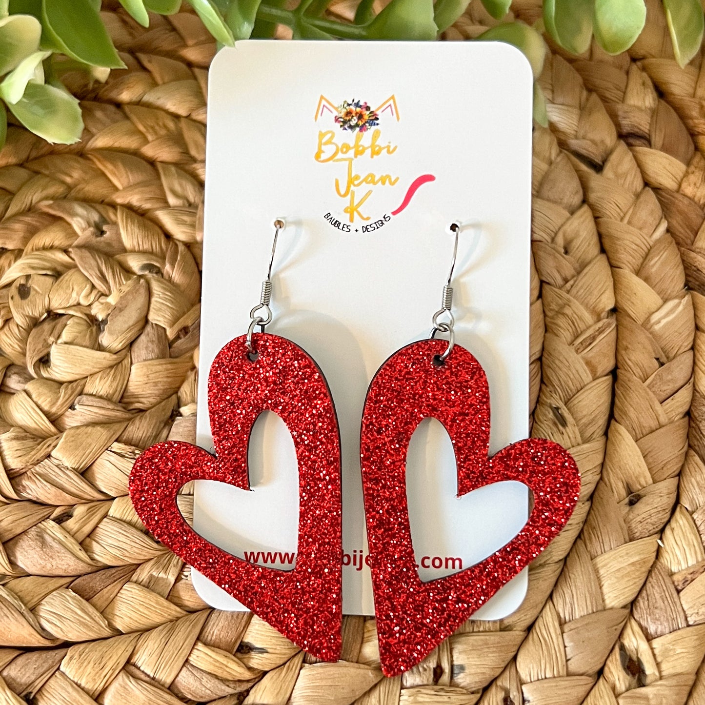Red Infused Glitter Heart Cutout Leather Earrings