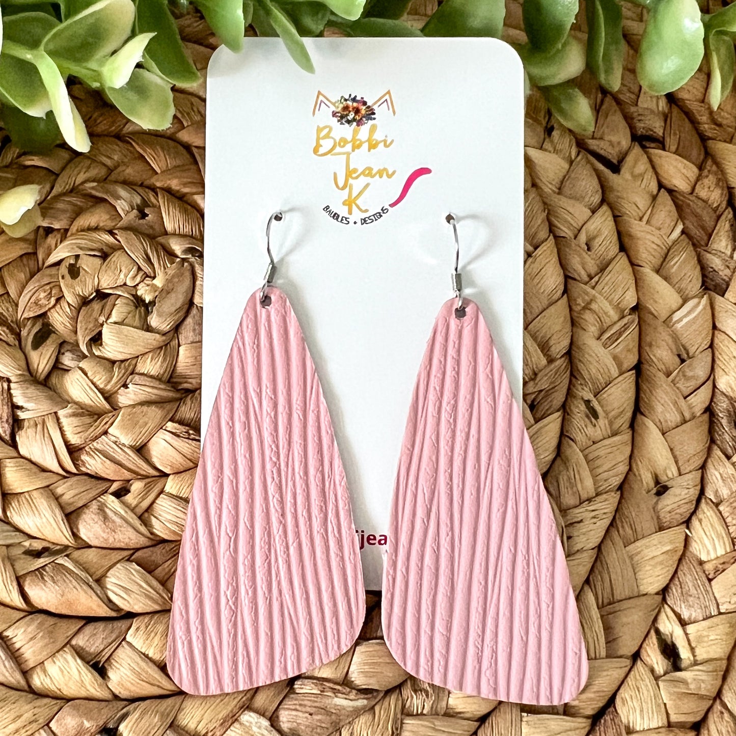 Pink "Palm Leaf" Embossed Wedge Leather Earrings - ONLY ONE LEFT
