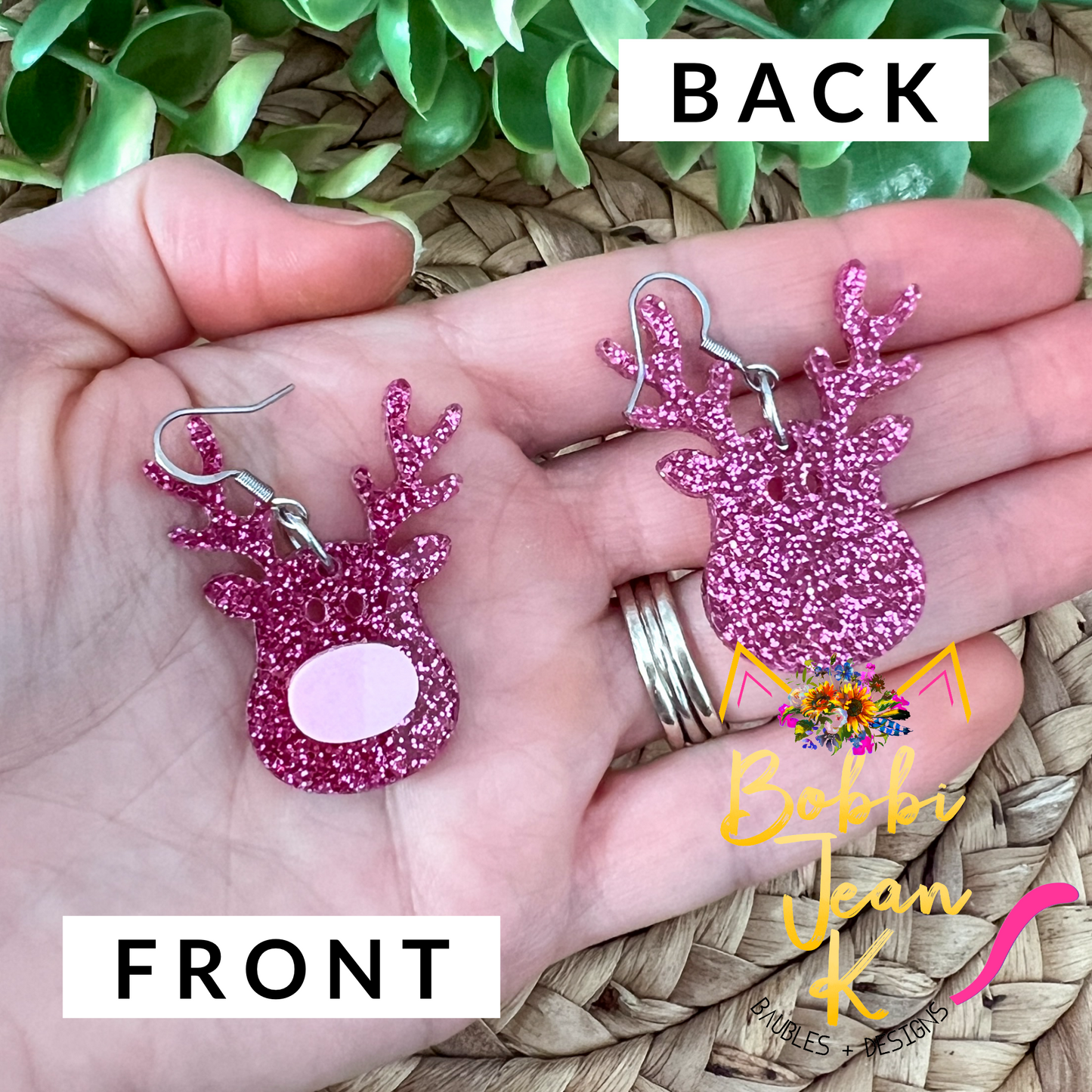 Pink Reindeer Glittered Acrylic Earrings