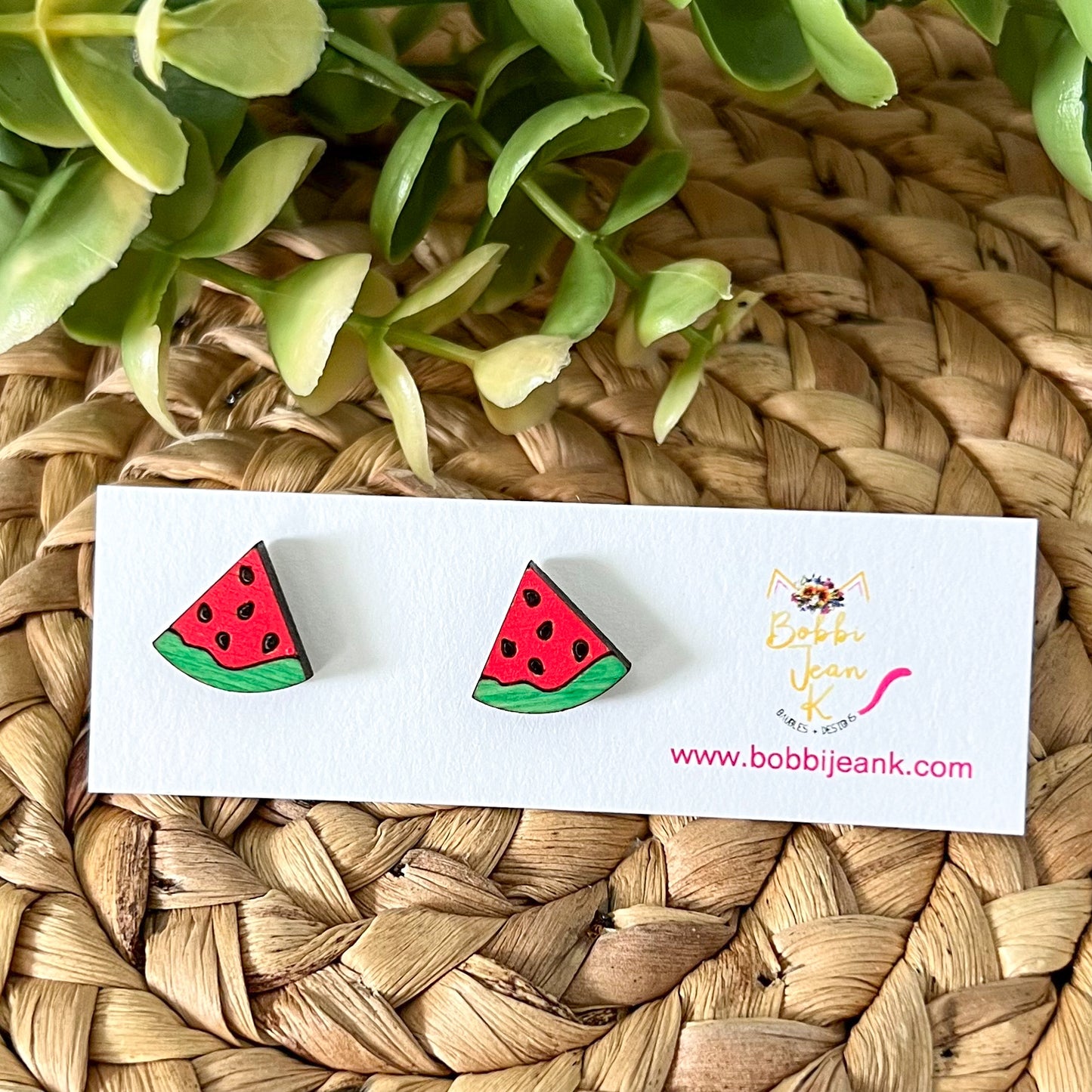 Hand Painted Watermelon Wood Earrings: Choose From Dangle or Stud