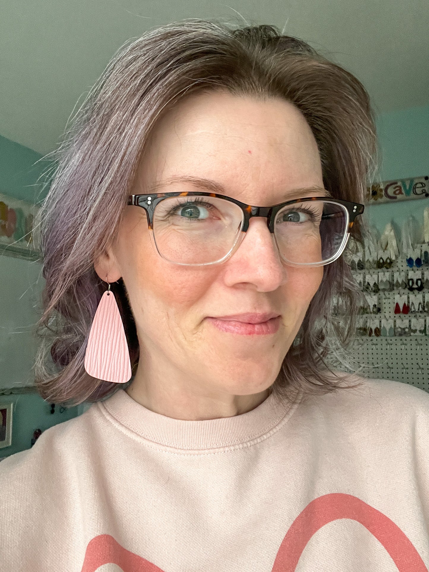 Pink "Palm Leaf" Embossed Wedge Leather Earrings - ONLY ONE LEFT