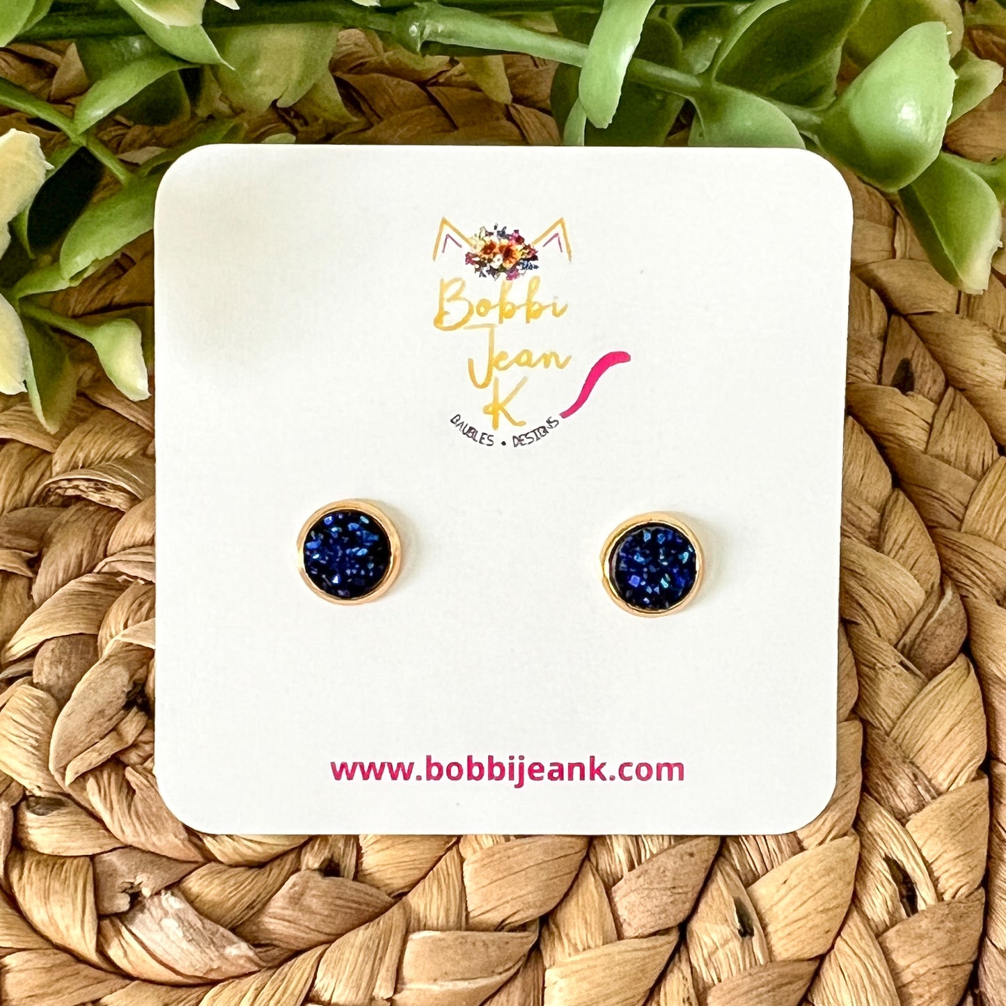 Midnight Blue Faux Druzy Studs 8mm: Choose Silver or Gold Settings
