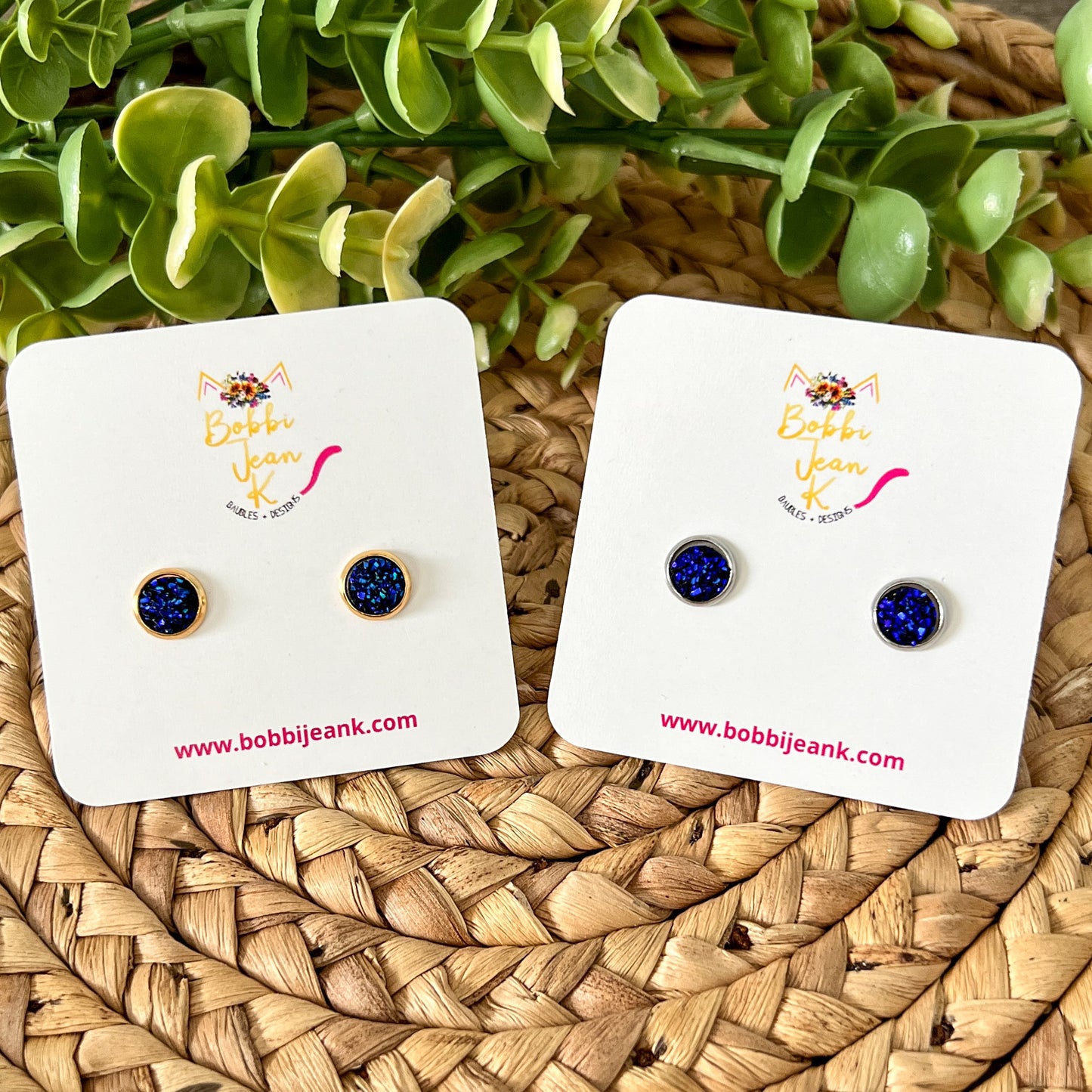 Midnight Blue Faux Druzy Studs 8mm: Choose Silver or Gold Settings